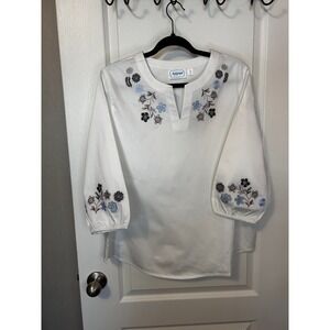 National Women's White Embroidered Floral Tunic Top XL 3/4 Sleeve Split Neck